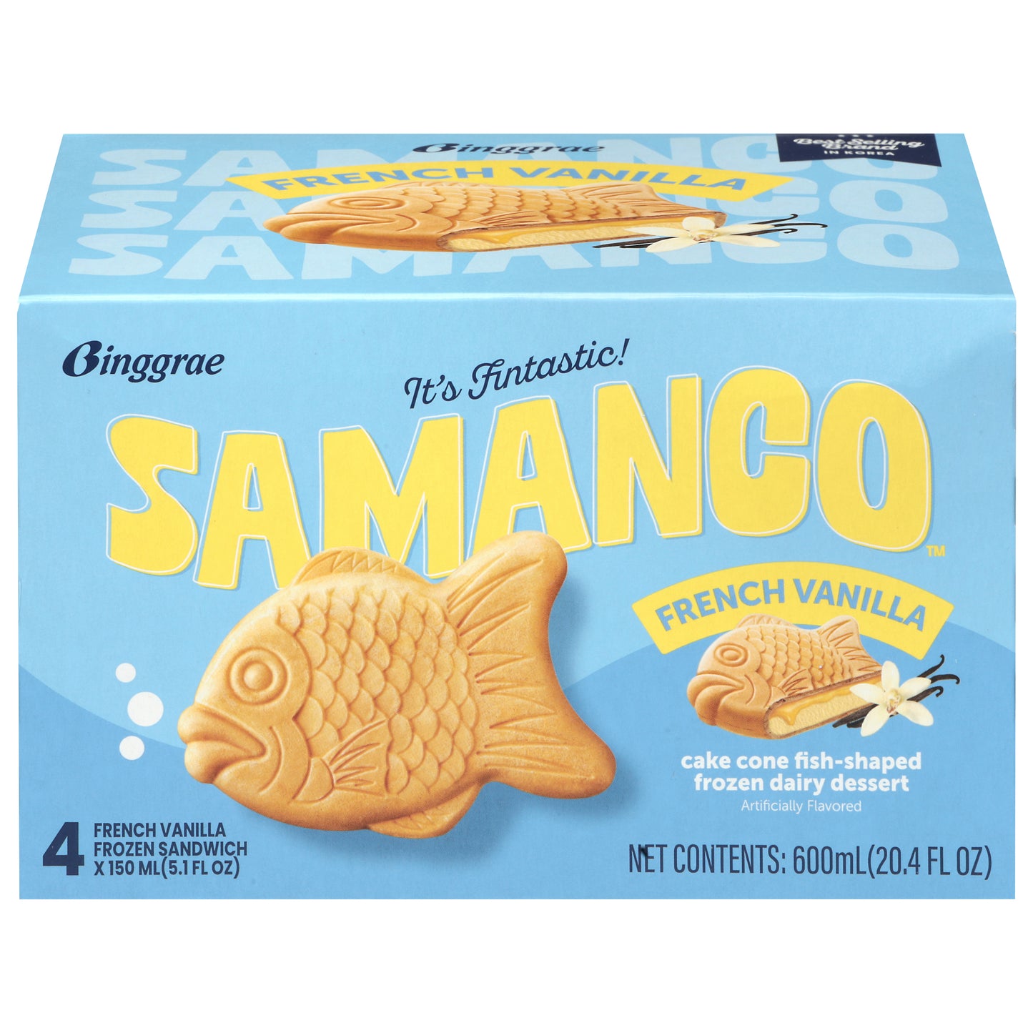 Samanco Cake Cone Fish-Shaped French Vanilla Frozen Dairy Dessert 4 - 5.1 oz Each