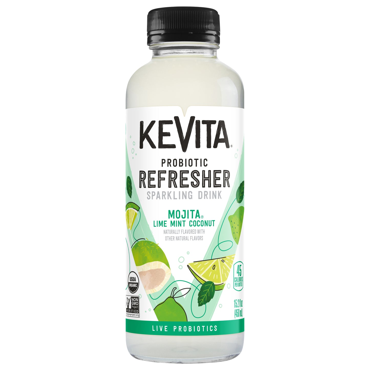 KeVita Sparkling Probiotic Drink, Mojita Lime Mint Coconut, 15.2 Fl Oz Bottle