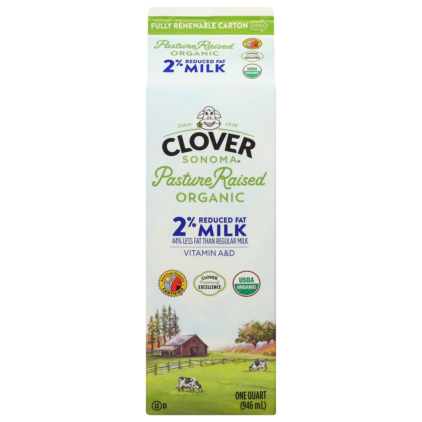 Clover Sonoma Pasture Raised 2% Reduced Fat Organic Milk 1 qt