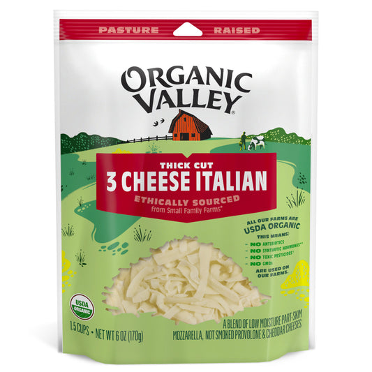 Organic Valley, 3 Cheese Thick Cut Shredded Italian Blend Organic, 6 Oz