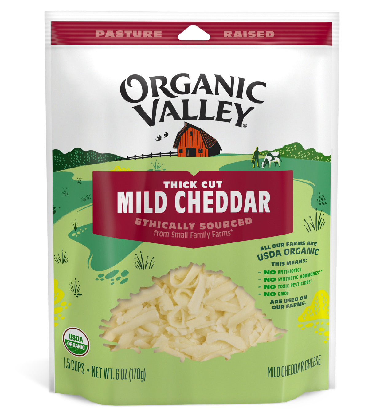 Organic Valley, Mild Cheddar Cheese Thick Cut 1.5 Cups Organic, 6 Oz