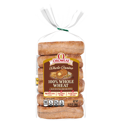 Oroweat Whole Grains 100% Whole Wheat English Muffins 6 Ct 13.75 Oz