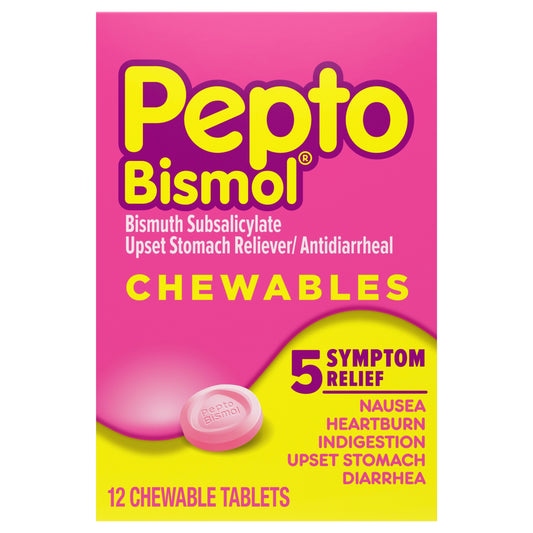 Pepto Bismol Chewable Tablets for Nausea, Heartburn, Indigestion, Upset Stomach, and Diarrhea - 5 Symptom Fast Relief, Original Flavor 12 ct