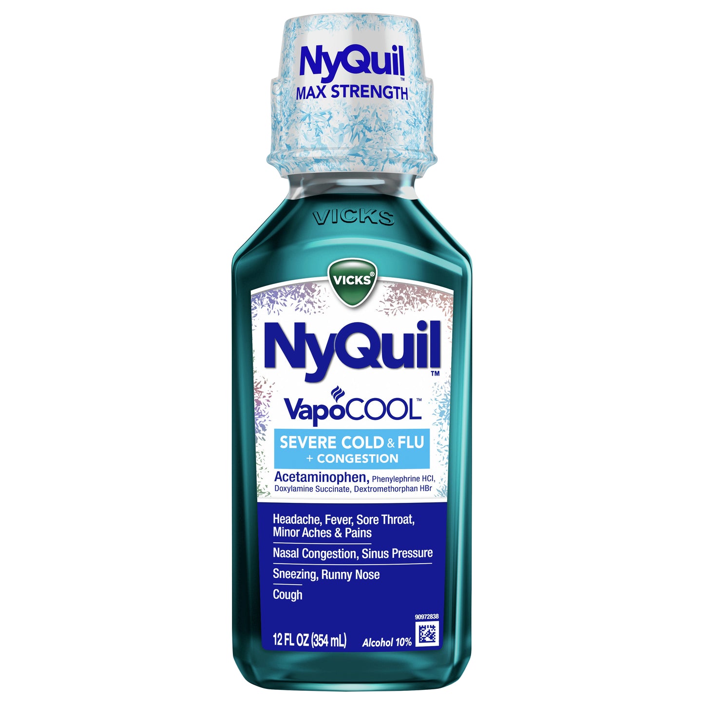 Vicks NyQuil VapoCOOL SEVERE Cold, Flu + Congestion Liquid Over-the-Counter Medicine, Powerful Nighttime Relief for Headache, Fever, Sore Throat, Minor Aches and Pains, Nasal Congestion, Sinus Pressure, Sneezing, Runny Nose and Cough, 12 FL OZ
