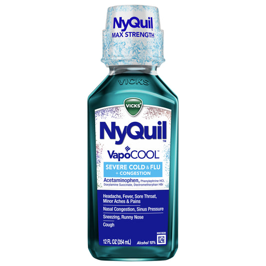 Vicks NyQuil VapoCOOL SEVERE Cold, Flu + Congestion Liquid Over-the-Counter Medicine, Powerful Nighttime Relief for Headache, Fever, Sore Throat, Minor Aches and Pains, Nasal Congestion, Sinus Pressure, Sneezing, Runny Nose and Cough, 12 FL OZ