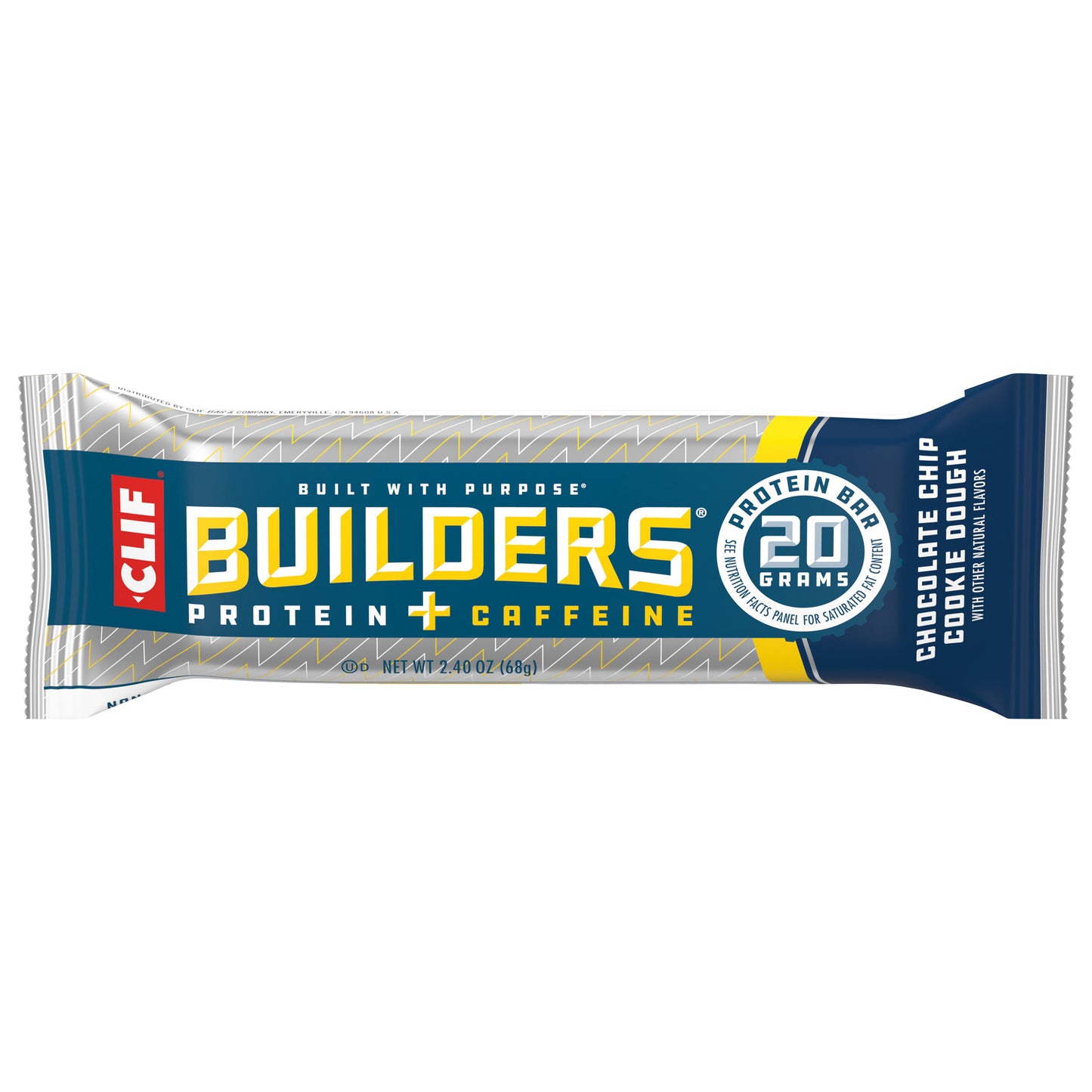 CLIF Builders + Caffeine - Chocolate Chip Cookie Dough Flavor - Protein Bar - Gluten-Free - Non-GMO - Low Glycemic - 20g Protein - 2.4 oz.