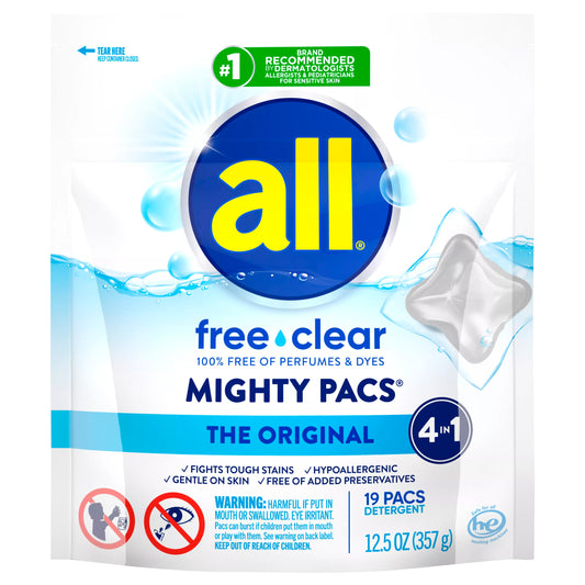 all Mighty Pacs Laundry Detergent Pacs, Free Clear for Sensitive Skin, Unscented and Dye Free, 19 Count