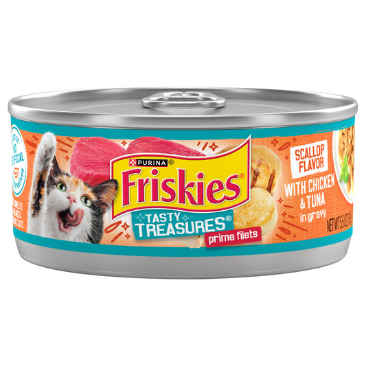 Purina Friskies Gravy Wet Cat Food, Tasty Treasures With Chicken & Tuna and Scallop Flavor - 5.5 oz. Can