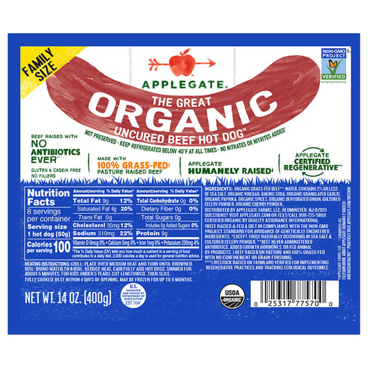 Applegate The Great Organic Uncured Beef Hot Dog, 14oz