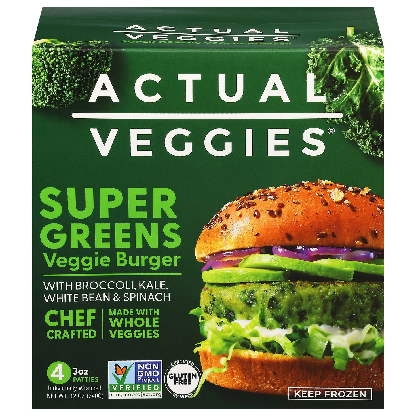 Actual Veggies Super Greens Veggie Burger with Broccoli, Kale, White Bean & Spinach 4 - 3 oz Patties