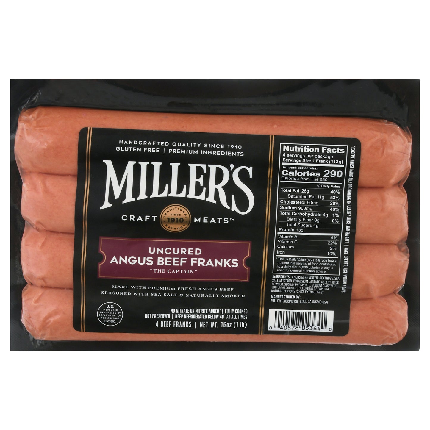 Miller's Uncured Angus Beef Franks 4 ea