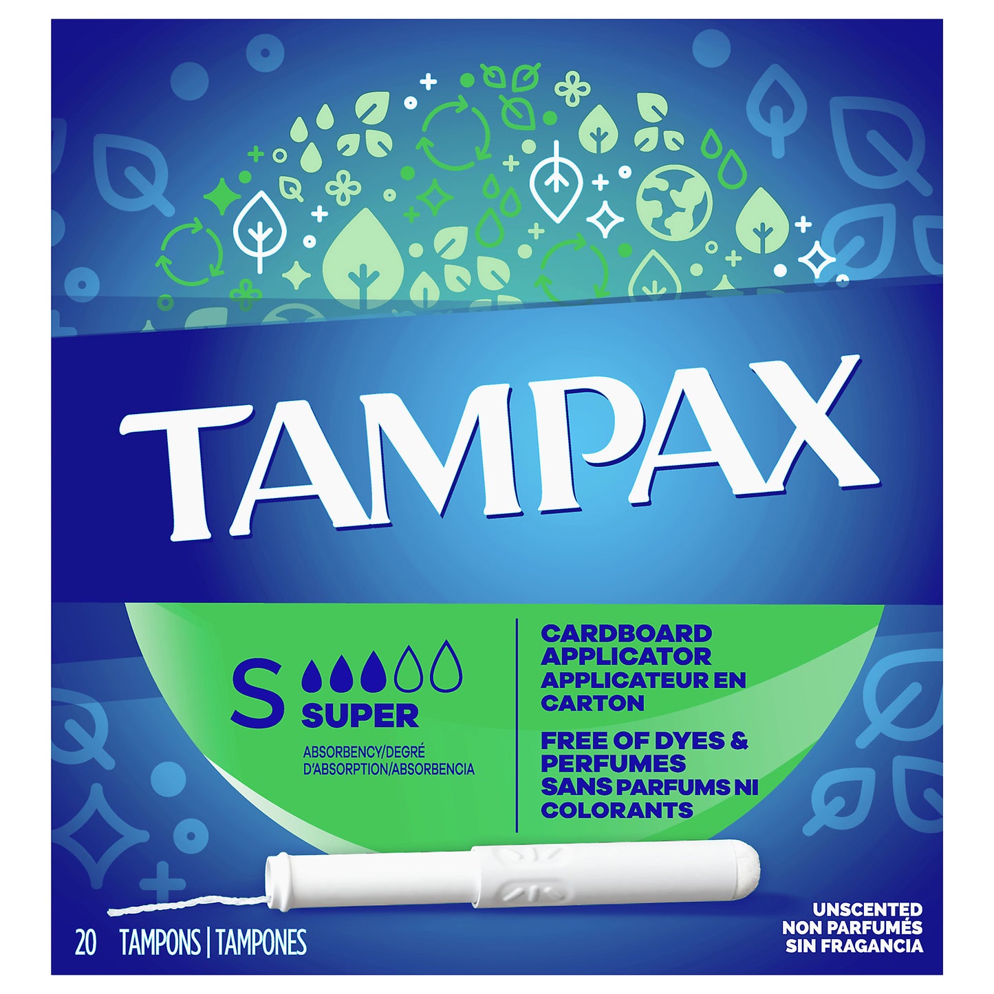 Tampax Cardboard Tampons Super Absorbency, Anti-Slip Grip, LeakGuard Skirt, Unscented, 20 Count