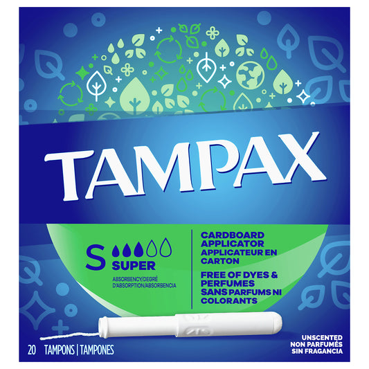 Tampax Cardboard Tampons Super Absorbency, Anti-Slip Grip, LeakGuard Skirt, Unscented, 20 Count