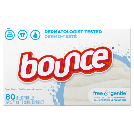 Bounce Free & Gentle Dryer Sheets, 80 Sheets, Unscented Fabric Softener Sheets, Hypoallergenic and Dermatologist Tested
