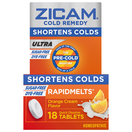 Zicam Ultra Cold Remedy Zinc Rapidmelts, Orange Cream Flavor, Homeopathic, Cold Shortening Medicine, Shortens Cold Duration, Sugar-Free, Dye-Free, 18 Count