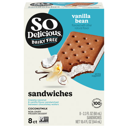 So Delicious Coconut Milk Frozen Dessert Sandwiches, Vanilla Bean, Dairy Free, Vegan, Non-GMO, Kosher, 8 Count Pack