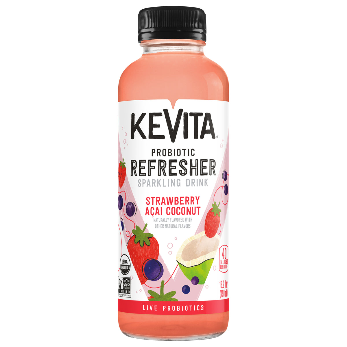 KeVita Sparkling Probiotic Drink, Strawberry Acai Coconut, 15.2 Fl Oz Bottle