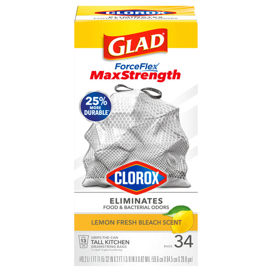 Glad ForceFlexPlus with Clorox Tall Kitchen Drawstring Lemon Fresh Bleach Scent Trash Bags