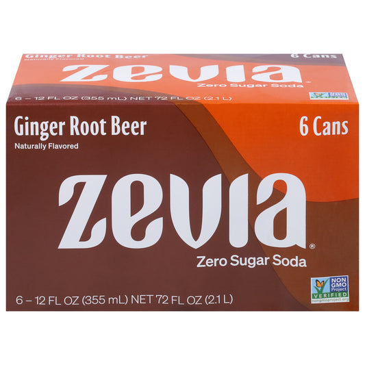 Zevia Zero Sugar Ginger Root Beer Soda 6 - 12 fl oz Cans