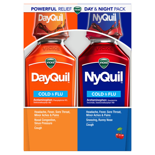 Vicks DayQuil and NyQuil Cherry Cold and Flu Relief Cherry-Flavored Liquid Medicine, Powerful Multi-Symptom Daytime and Nighttime Relief for Headache, Fever, Sore Throat, Minor Aches and Pains, and Cough, Cherry Flavored, Combo Pack, 2 x 12 FL OZ Bottles