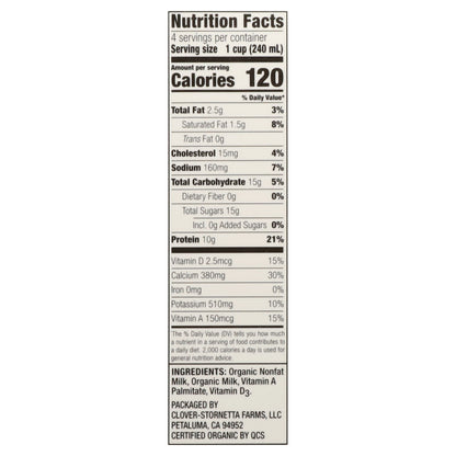 Clover Sonoma Pasture Raised Organic 1% Low Fat Milk 1 qt