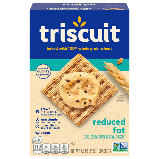 Triscuit Reduced Fat Whole Grain Wheat Crackers, Vegan Crackers, Vegan Snacks, Lunch Snacks, 7.5 oz