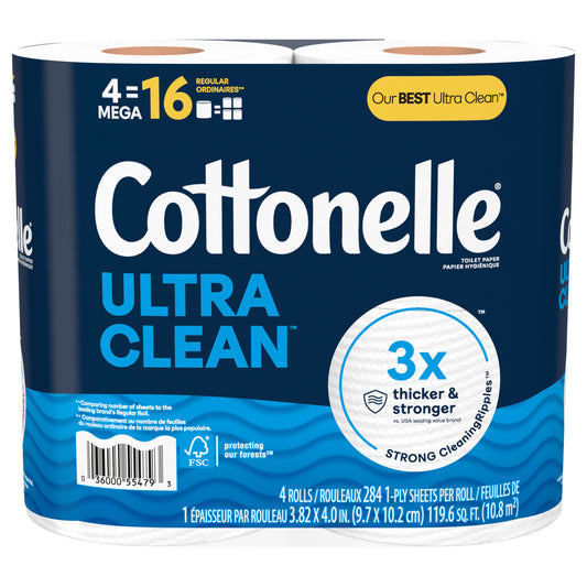 Cottonelle Ultra Clean Toilet Paper, Strong Toilet Tissue, 4 Mega Rolls (4 Mega Rolls = 16 Regular Rolls), 284 Sheets Per Roll