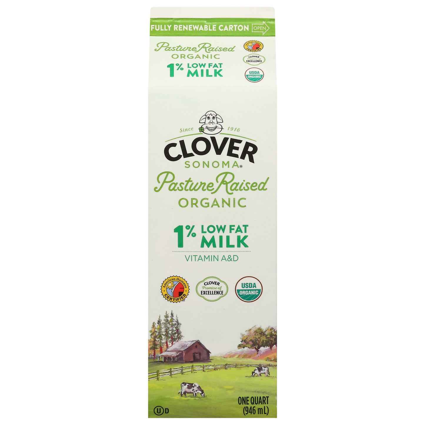 Clover Sonoma Pasture Raised Organic 1% Low Fat Milk 1 qt