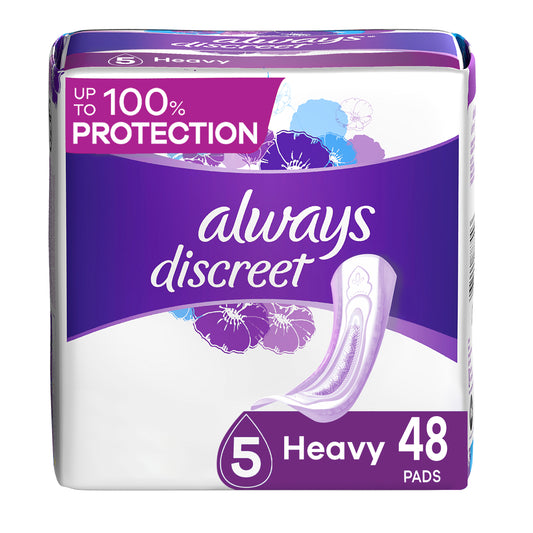 Always Discreet Incontinence Pads for Women and Postpartum Pads, Heavy, 48 CT, up to 100% Bladder Leak Protection