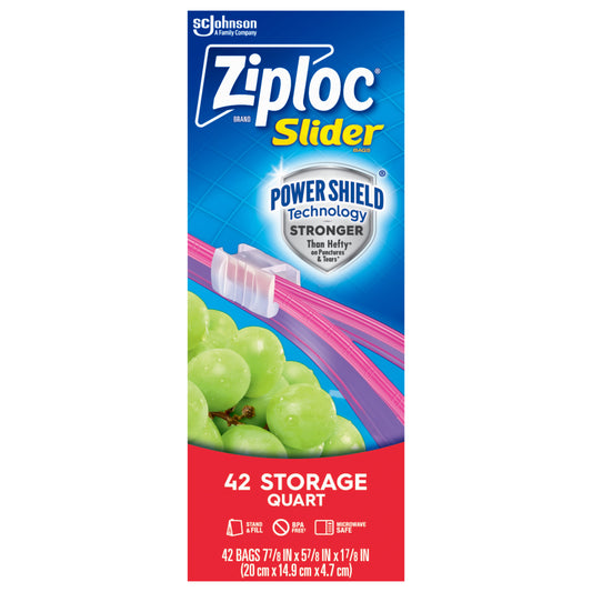 Ziploc® Brand Storage Slider Quart Bags, Power Shield™ Technology, Expandable Bottom, 42 count