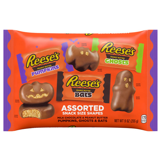 REESE'S Assorted Milk Chocolate Snack Size Peanut Butter Shapes, Halloween Candy Variety Bag, 9 oz